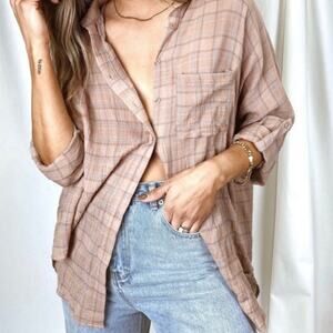 Style Rack Button up Tunic Women's L Gauzy Cotton Tan Blue Plaid Roll Tab Boho